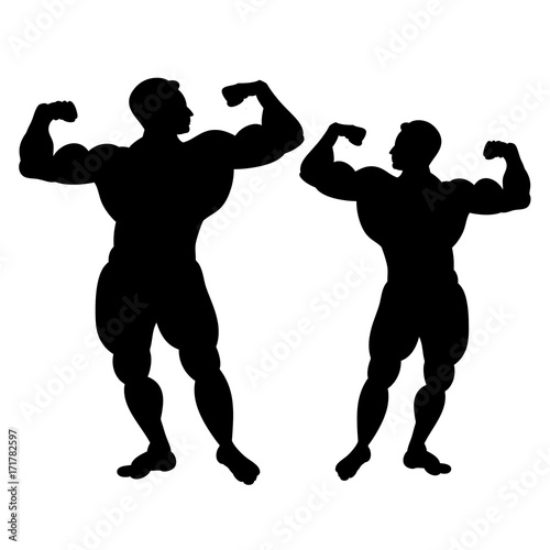 Black silhouette of two bodybuilders. On white background.