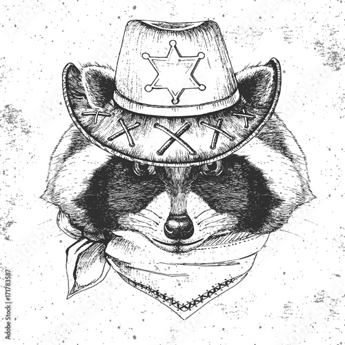 Retro Hipster animal raccoon. Hand drawing Muzzle of animal  raccoon