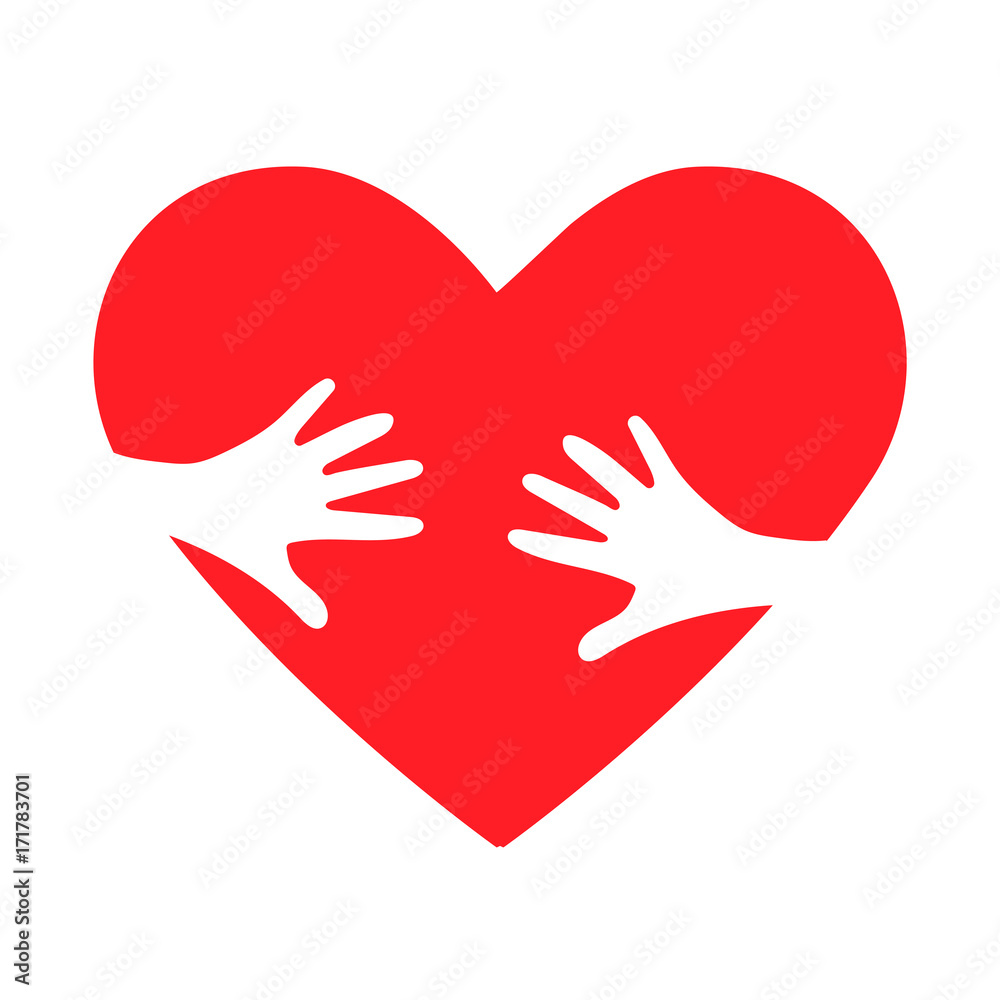 Heart hug vector icon as children adoption metaphor. Helping or Loving Hands embracing Red heart.