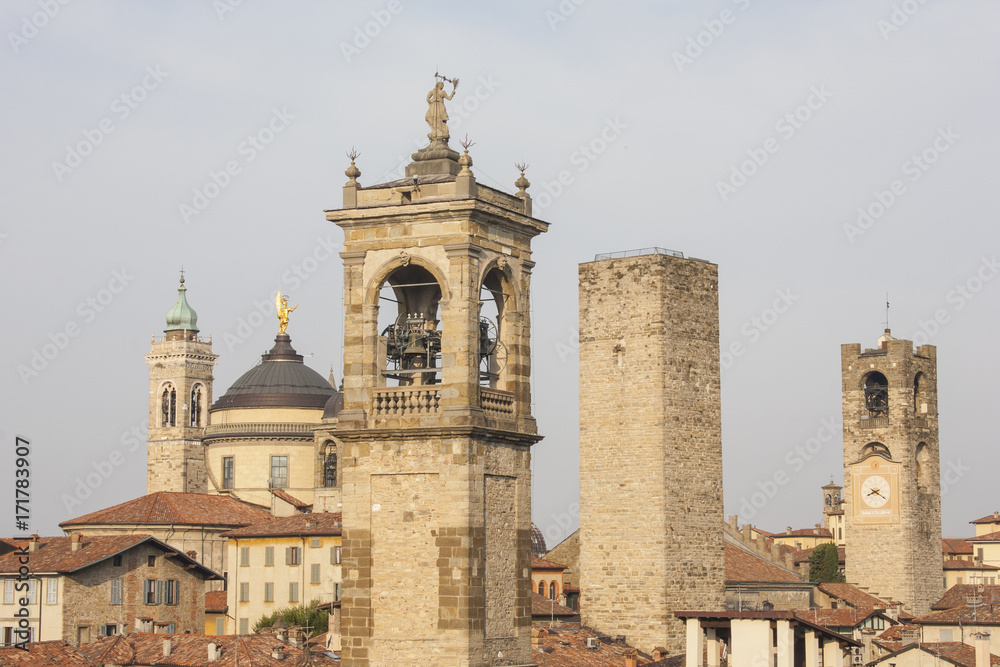 Bergamo - Old city (Upper town), Italy. Landscape on the city center, the old towers and the clock towers from the old fortress