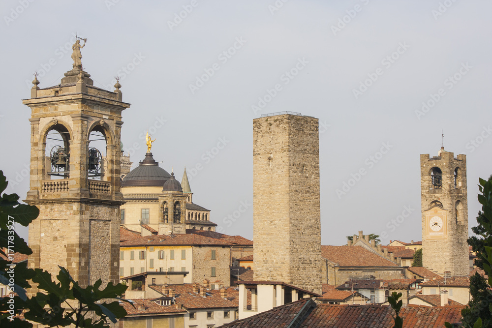 Bergamo - Old city (Upper town), Italy. Landscape on the city center, the old towers and the clock towers from the old fortress