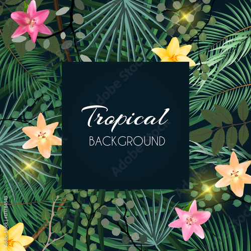 Abstract Natural Tropical Frame Background with Palm and other Leaves and Lil...