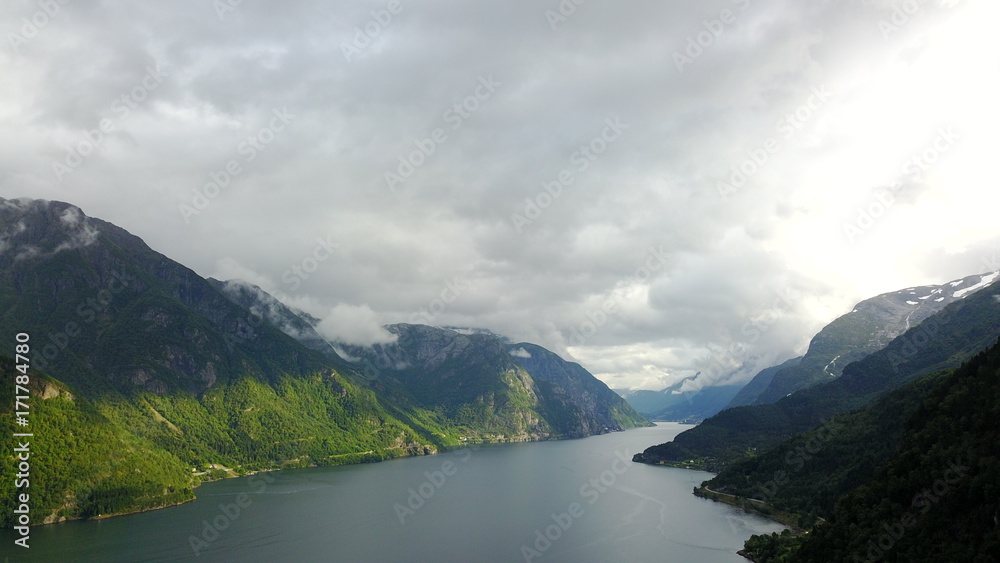 Obraz premium View to fjord and water from drone in Norway