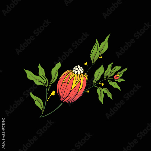 Vintage style flowers elements for embroidery on black backgroun