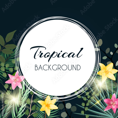 Abstract Natural Tropical Frame Background with Palm and other Leaves and Lil...