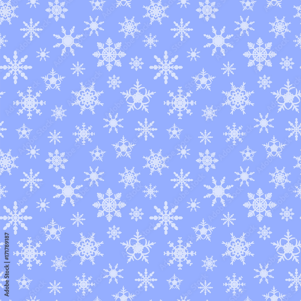 Seamless pattern background with snowflakes blue substrate, various fancy shapes of snowflakes.