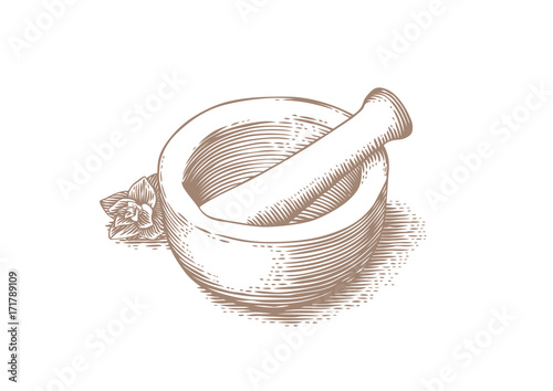 Mortar bowl and pestle with herb