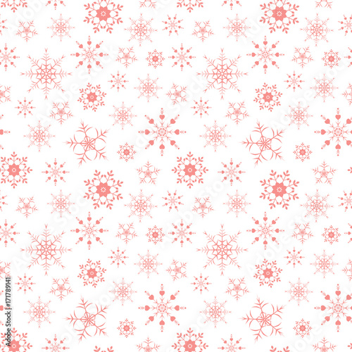Seamless background pattern, the substrate of the light red snowflakes, Snowflakes form different variants.