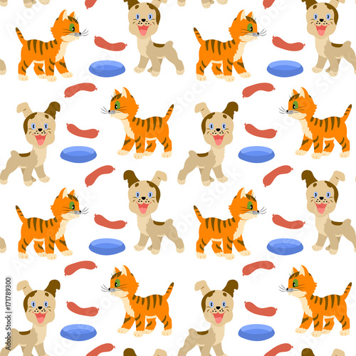 Seamless pattern with a kitten  puppy and feed on white background.