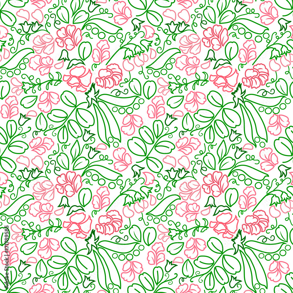 Seamless pattern with flowering peas, outline flowers and leaves.