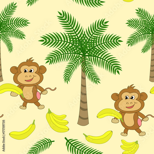 Seamless pattern with palm trees  monkey and bananas on a yellow background.