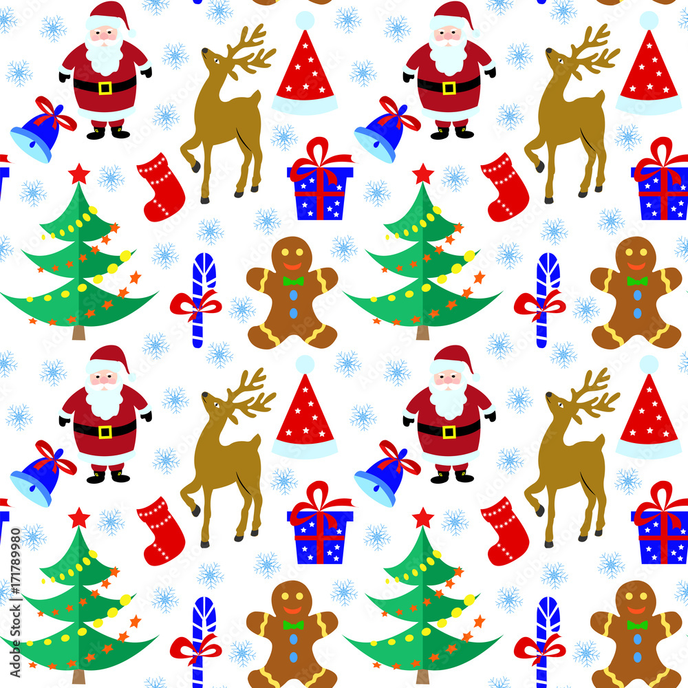 Seamless pattern with traditional Christmas images, tree, reindeer, gift, gingerbread man, Santa Claus, snowflakes, sweet sticks, santa hat, sock. Seamless pattern with traditional Christmas images, tree, reindeer, gift, gingerbread man, Santa Claus, snowflakes, sweet sticks, santa hat, sock.