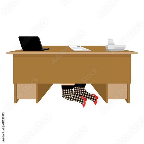 Prostitute under table. Whore is under office desk. Vector illustration