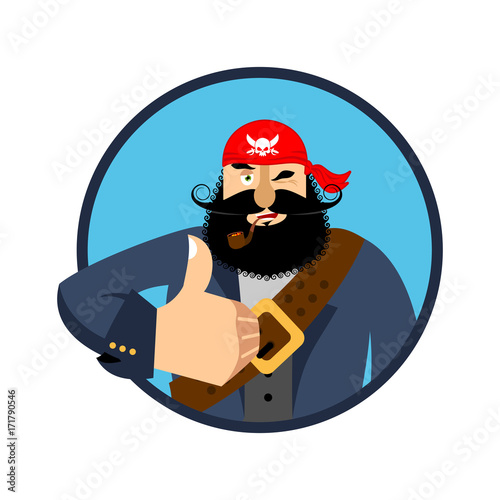 Pirate thumbs up. filibuster winks emoji. buccaneer cheerful. Vector illustration