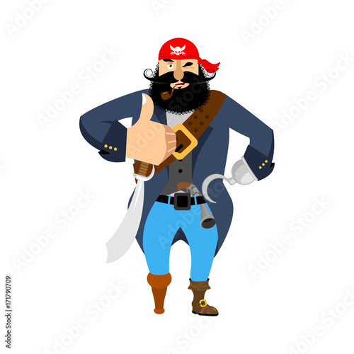 Pirate thumbs up. filibuster winks emoji. buccaneer cheerful. Vector illustration