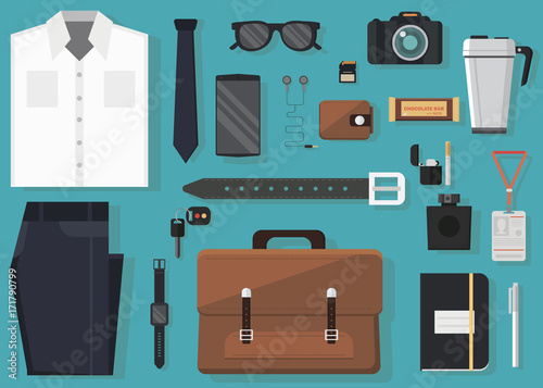 Vector illustration of every day carry and outfit accessories in flat style. Stylish business man design.