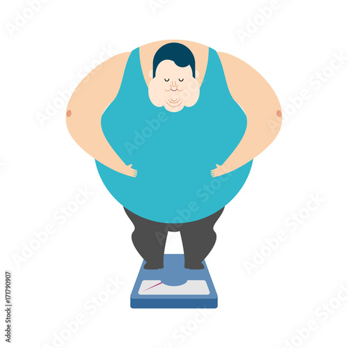 Fat guy on scales. Glutton Thick man. fatso vector illustration