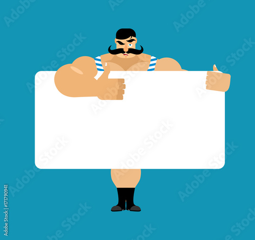 Retro strongman holding banner blank. Vintage athlete and white blank. big guy joyful emotion. ancient bodybuilder and place for text. Vector illustration