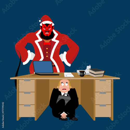 Businessman scared under table of Krampus. frightened business man under work board. bad behavior. Boss fear office desk. To hide from Christmas. Vector illustration