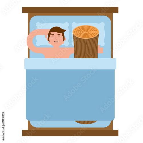 Wood log in bed. bad sex Vector illustration