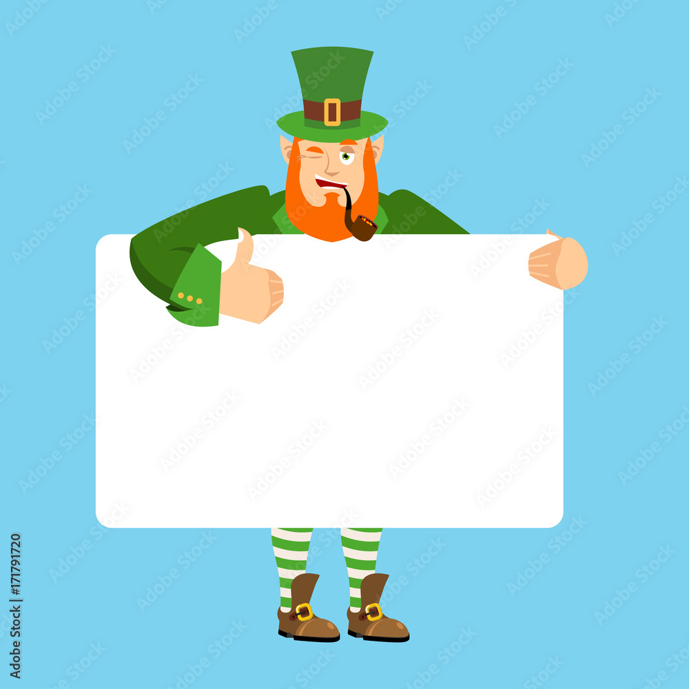 Leprechaun holding banner blank. gnome and white blank. magic grandfather joyful emotion. St.Patrick Day and place for text. Vector illustration