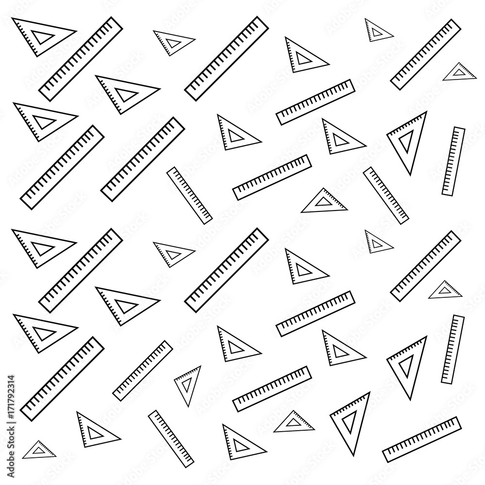 Graphic vector seamless pattern with school kit accessories: triangles, angle protractors and rulers. Endless texture 