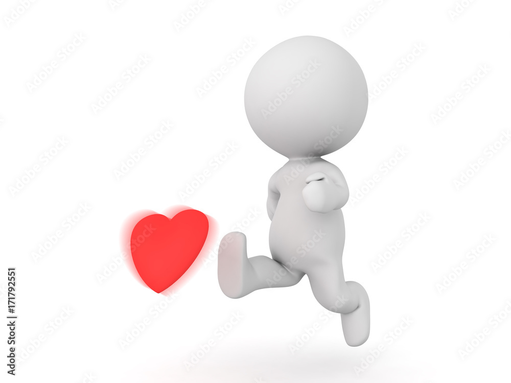 3D Character kicking away red heart shape 3D Character kicking away red heart shape