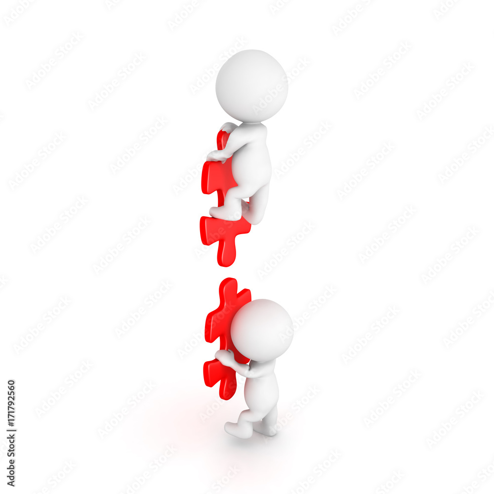 Two 3D Characters climbing on ladder made of puzzle pieces Two 3D Characters climbing on ladder made of puzzle pieces