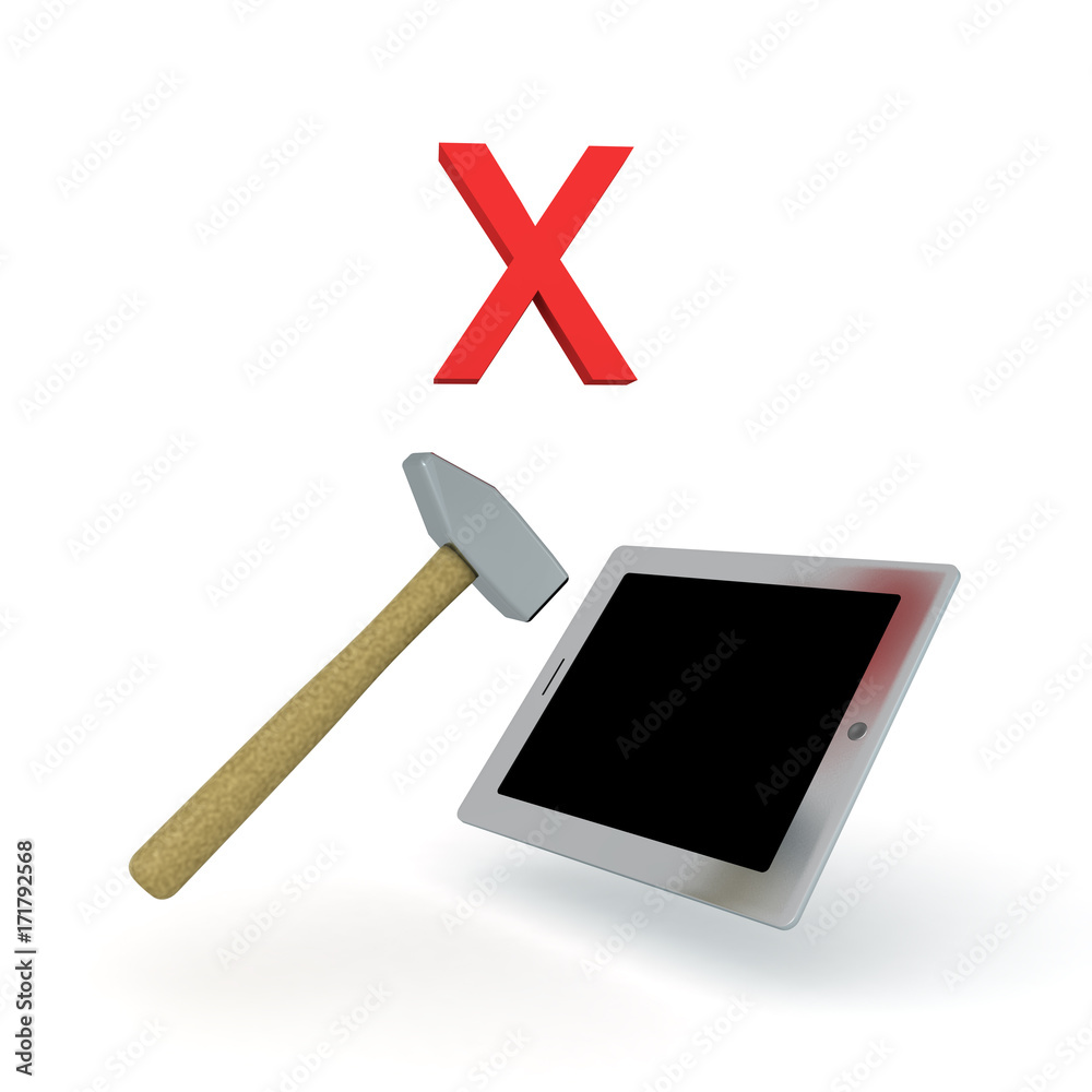 3D illustration of sledgehammer smashing tablet with red x above 3D illustration of sledgehammer smashing tablet with red x above
