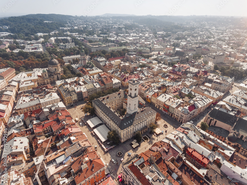 Obraz premium Main square in Lvov, aerial view of city center summer time, old town from above