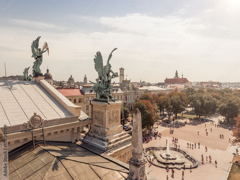 Obraz premium Aerial view of Lvov - city center view, old town, historical center at sunset, Ukraine, Western Ukraine