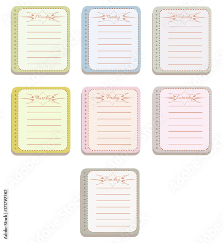 The sheets of the planner in a cute dashed line. Diary.To Do List. The names of the days of the week. The Style Of Provence. Gentle colors. Vector illustration. 