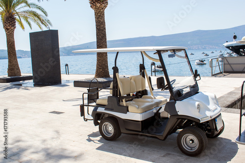 Golf cart parked on the dock by the sea