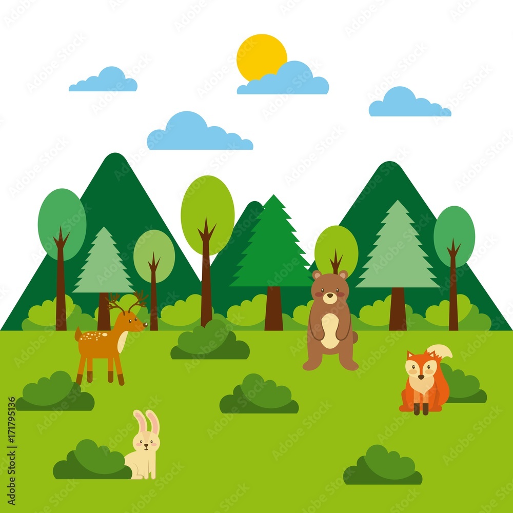 forest and animals wildlife mountains pine tree landscape vector illustration forest and animals wildlife mountains pine tree landscape vector illustration