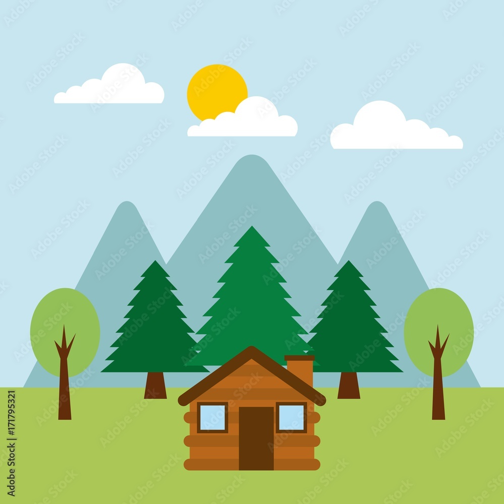 forest cottage house natural landscape vector illustration
