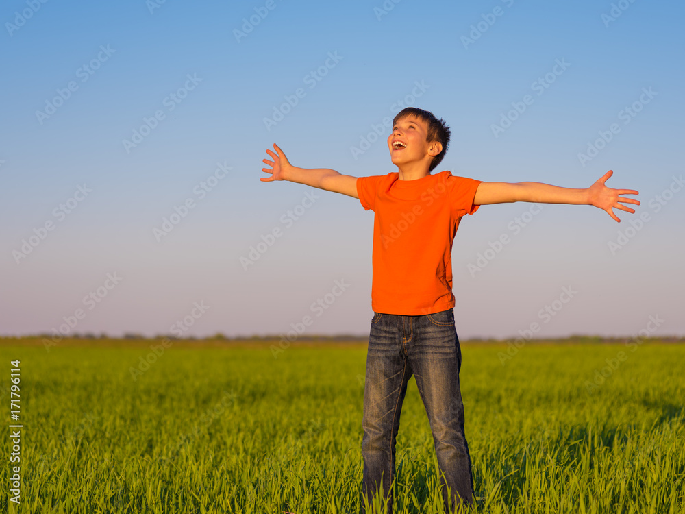Happy person in the nature with raised arms Happy person in the nature with raised arms