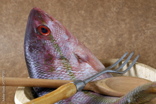 Fish in wooden trough, ready to prepare photo