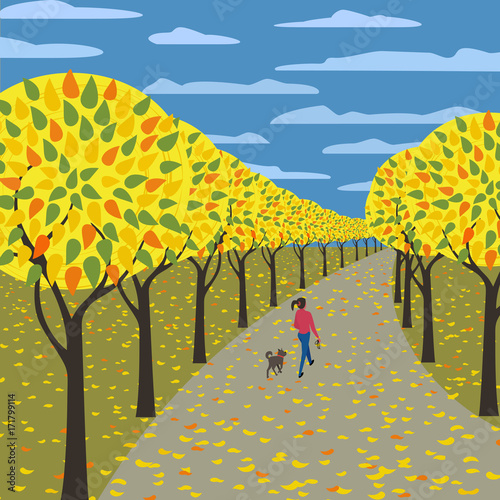 Autumn in city outdoor poster. Autumnal park alley. Trees with yellow orange leaves. Fall inspiration in colorful cartoon retro style. walking on fallen leaves. Vector vintage illustration