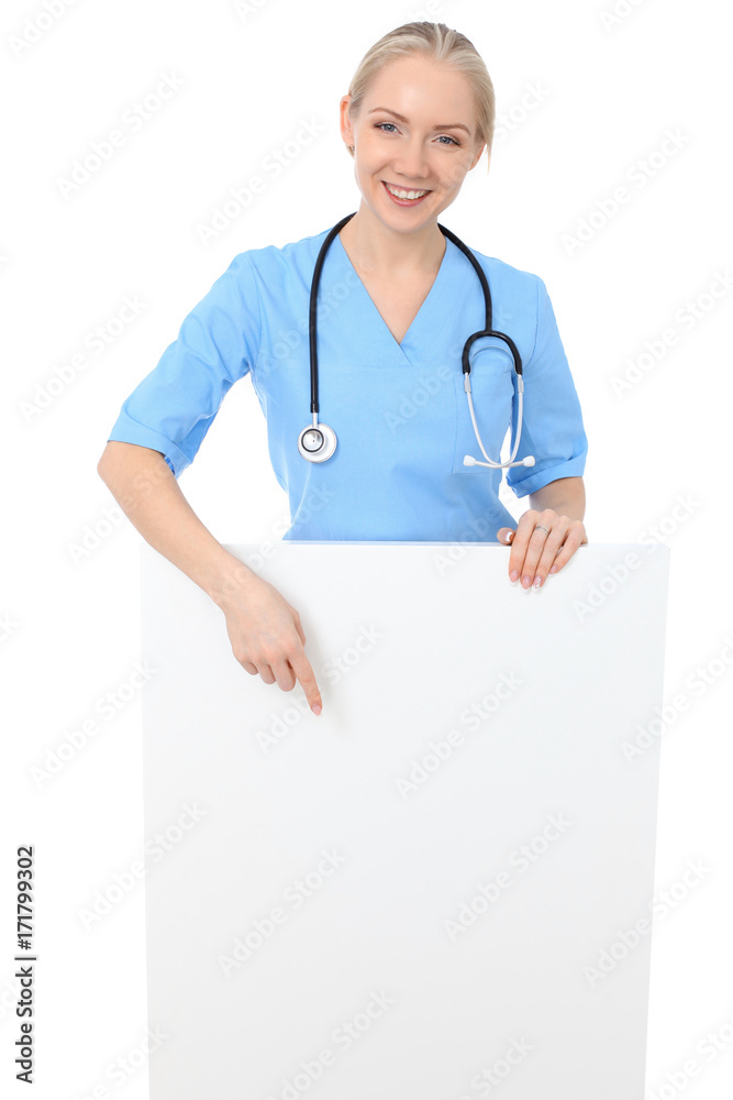 Smiling young doctor or nurse portrait isolated over white background. Smiling young doctor or nurse portrait isolated over white background.