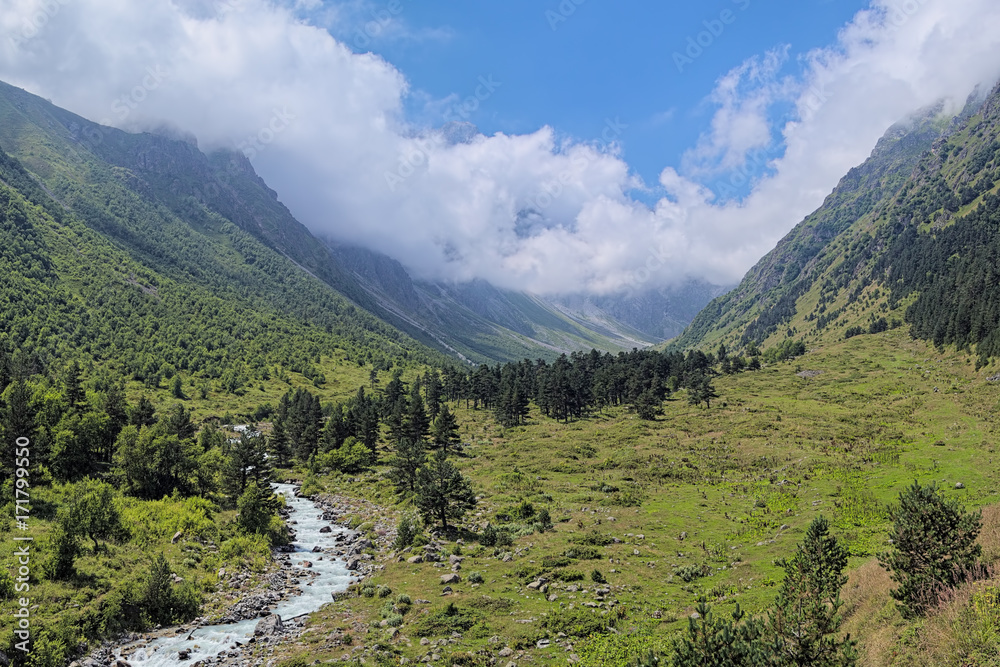 Valley of Bilyagidon river in the mountains of Digoria, Caucasus, Republic of North Ossetia-Alania, Russia