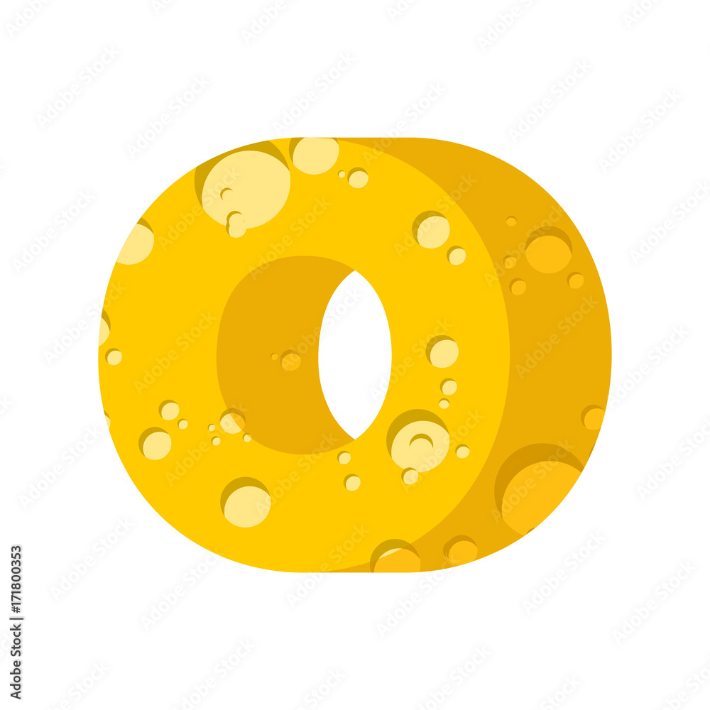 Letter O cheese font. Symbol of cheesy alphabet. Dairy Food type sign. Vector illustration Letter O cheese font. Symbol of cheesy alphabet. Dairy Food type sign. Vector illustration
