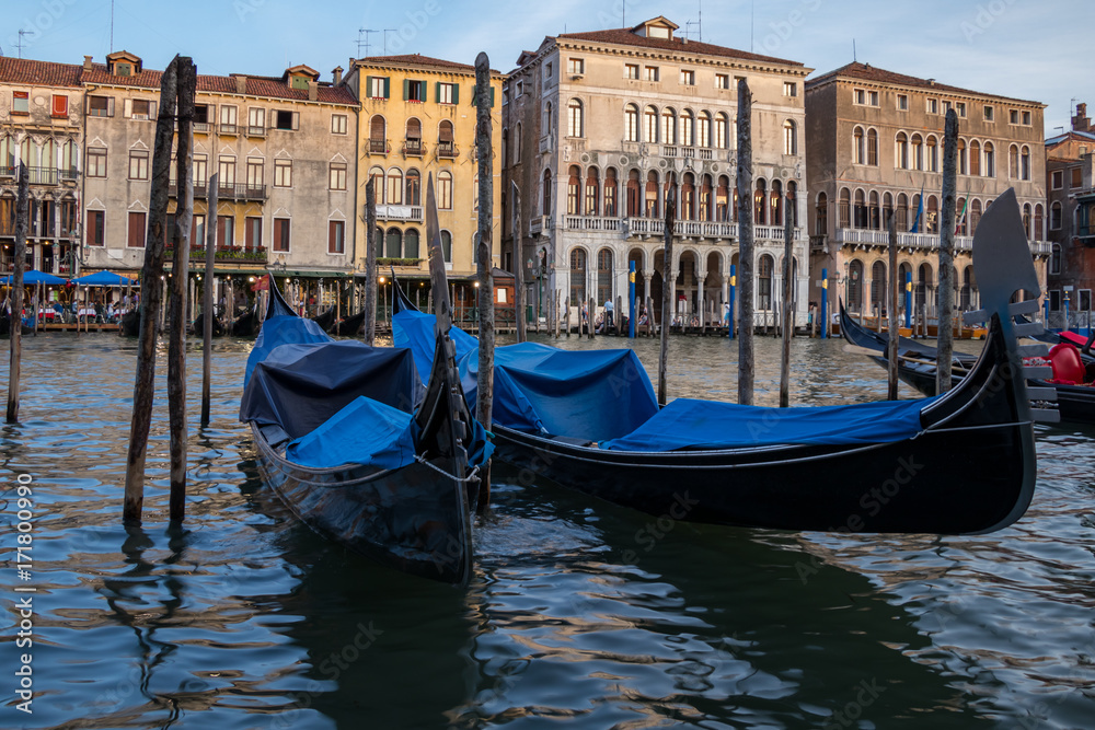 Gondola's sit along the Grand Canal in Venice