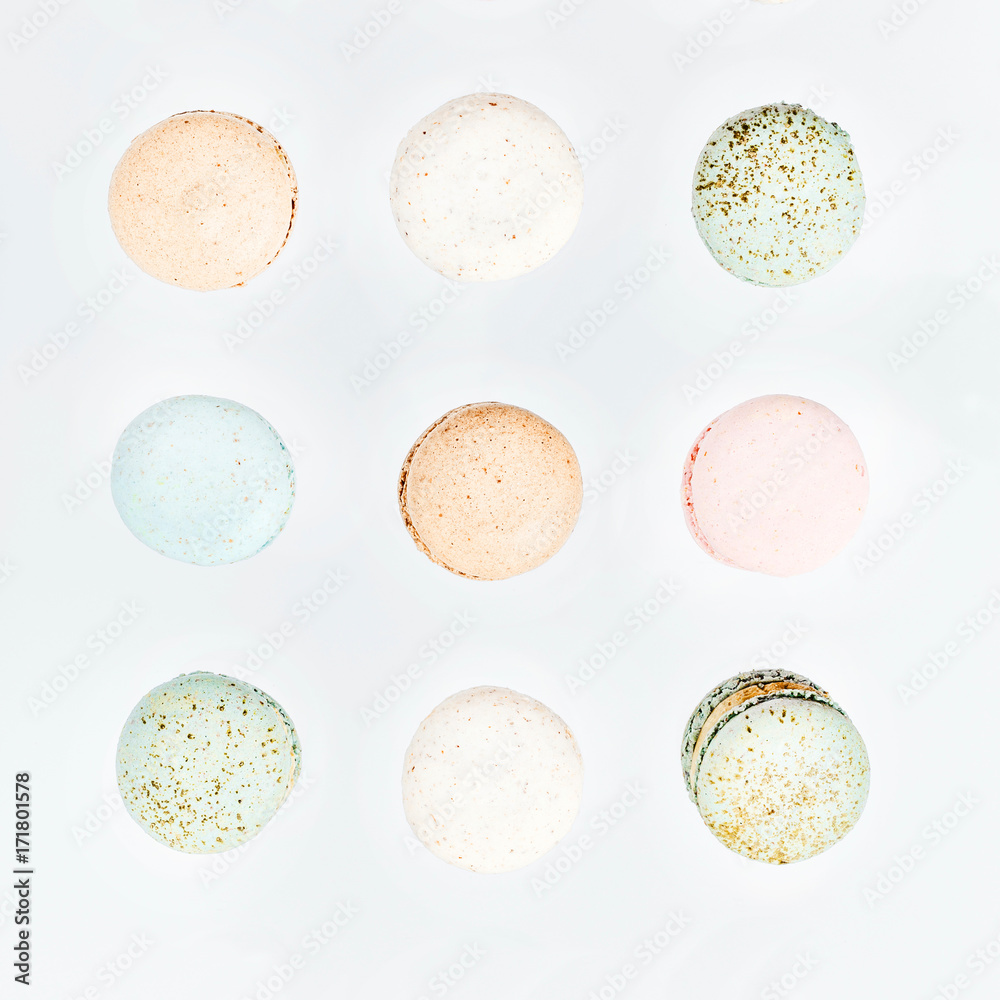 Macarons, top view flat lay, fly falling macaroon Macarons, top view flat lay, fly falling macaroon