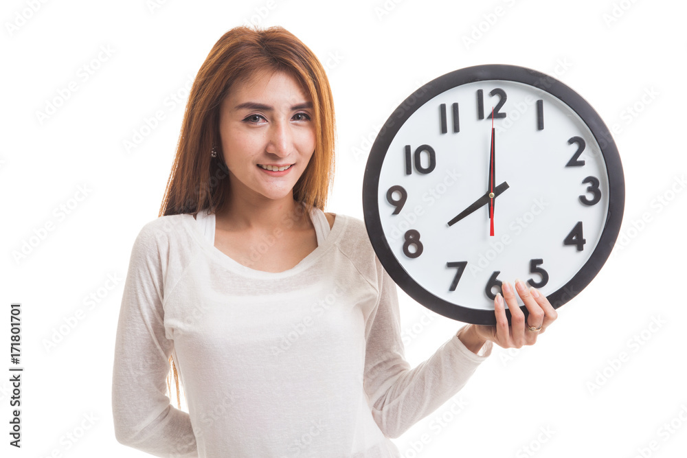 Young Asian woman with a clock.