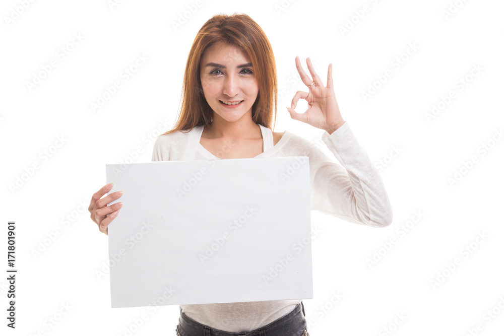 Young Asian woman show OK with white blank sign. Young Asian woman show OK with white blank sign.