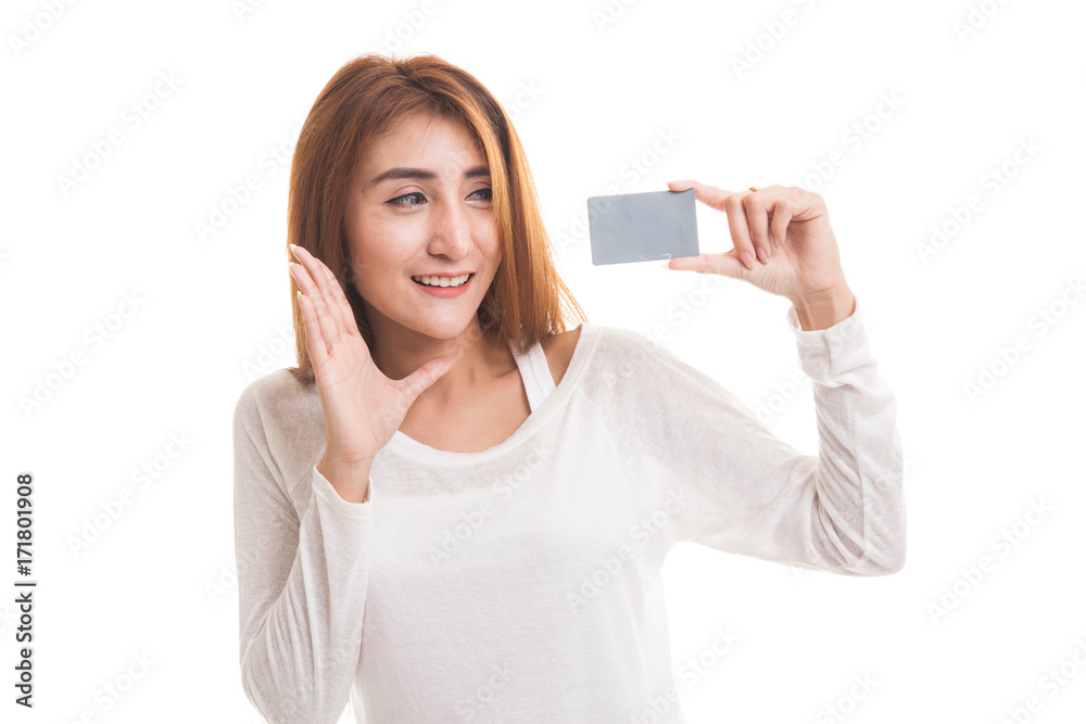 Young Asian woman happy with blank card. Young Asian woman happy with blank card.