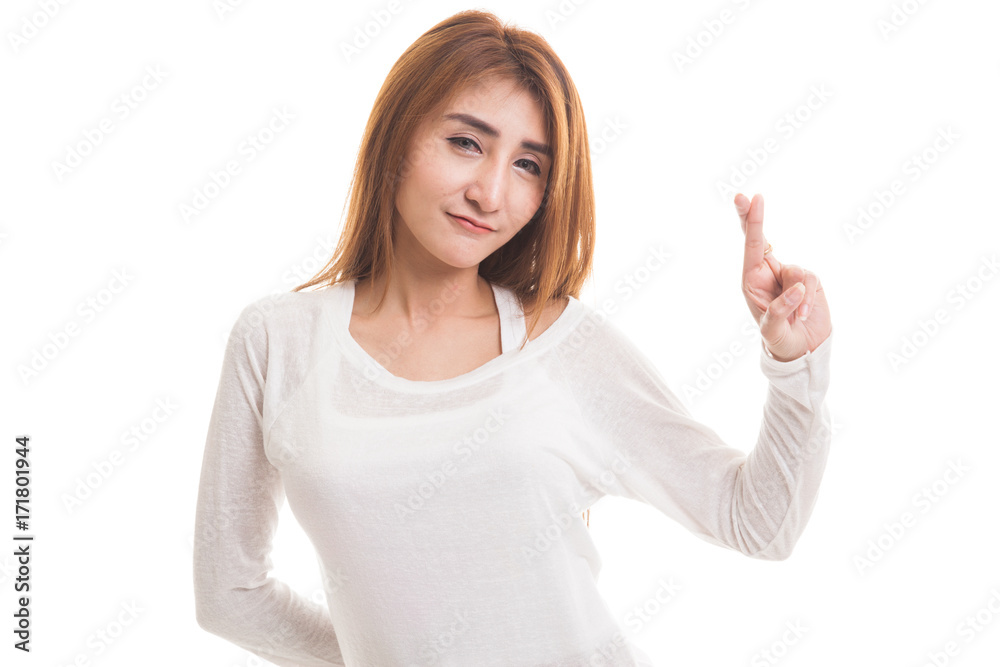 Beautiful young Asian woman cross finger. Beautiful young Asian woman cross finger.