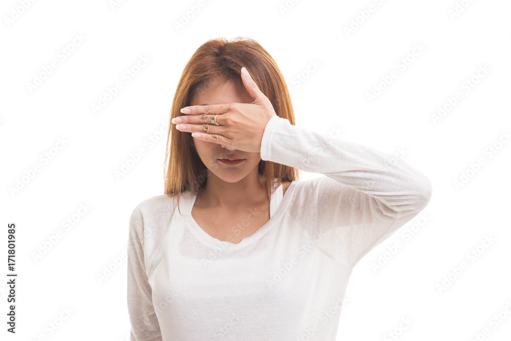 Young Asian woman close her eyes with hand. Young Asian woman close her eyes with hand.