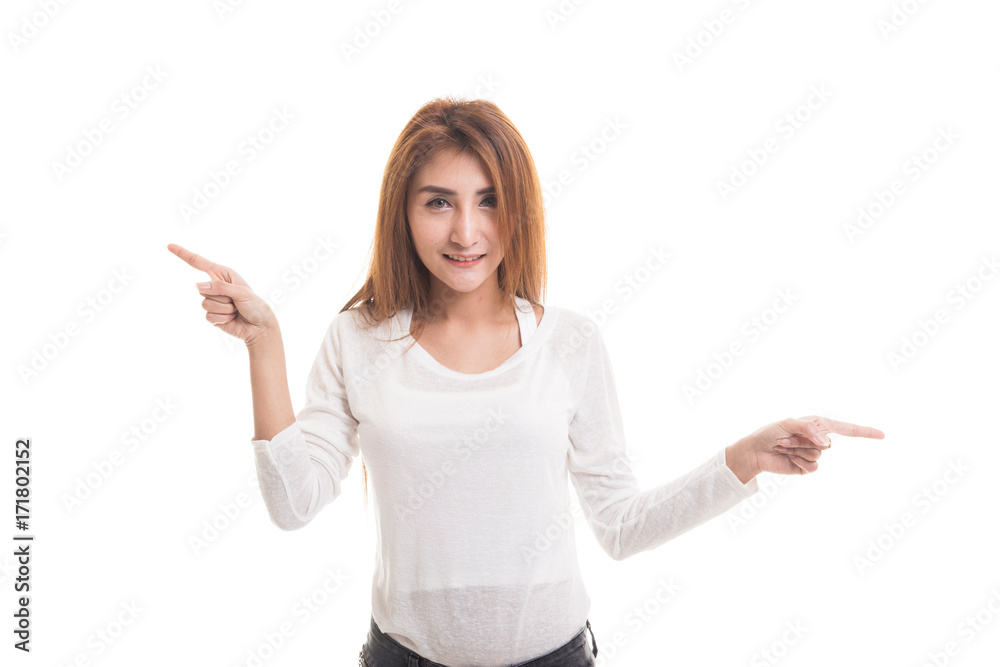 Young Asian woman point with two hands. Young Asian woman point with two hands.