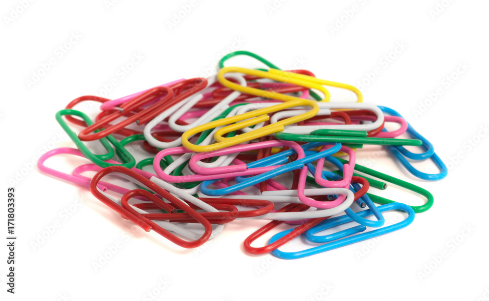 Bunch of colorful paper clips isolated on white background